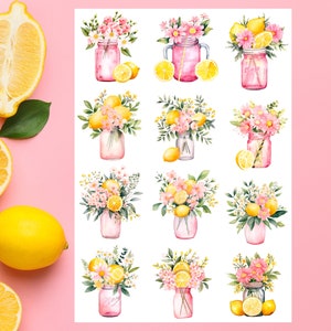 May include: Twelve watercolor illustrations of mason jars filled with pink and white flowers and lemons. The jars are pink and have a white rim. The flowers are pink and white and the lemons are yellow. The illustrations are on a white background.