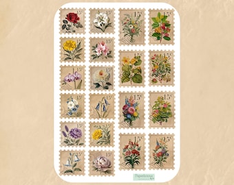 Vintage Floral Stamp Sticker Sheet, Flower Stickers, Vintage Stamps, Snail Mail, Happy Mail, PenPal, Planner, Journal, Scrapbooking