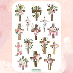 Hoja de pegatinas con forma de cruz de Pascua, pegatinas de Pascua, Feliz Pascua, cruz de Pascua floral, Ha resucitado, Boho, Planificador, Diario, Tarjetas de Pascua, Álbum de recortes