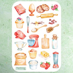 Folha de adesivos de aquarela para assar, adesivos para assar, culinária, culinária, padeiro, chef, receita, pastelaria, cozinha, planejador, diário, scrapbooking