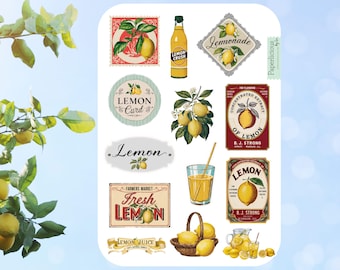 Vintage Lemon Label Sticker Sheet, lemon stickers, lemonade stickers, aesthetic, summer, planner stickers, journal, scrapbooking