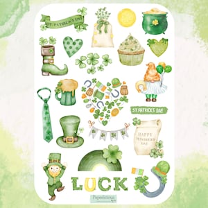 Feuille d'autocollants pour la Saint-Patrick, autocollants pour la Saint-Patrick, mars, irlandais, trèfle, trèfle, lutin, agenda, journal, scrapbooking, cartes