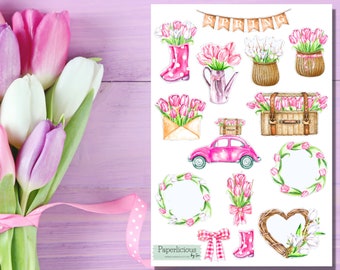 Bloemen lente stickervel, tulpensticker, bloemenstickers, tulpenboeket, hallo lente, tuinieren, planner, Bullet Journal, plakboek