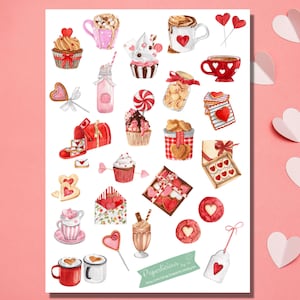 Valentine's Day Treat Sticker Sheet, valentinstag Stickerbogen, Plätzchen, Getränke, Cupcake, Liebe, Herzen, Planer, Bullet Journal, Bujo