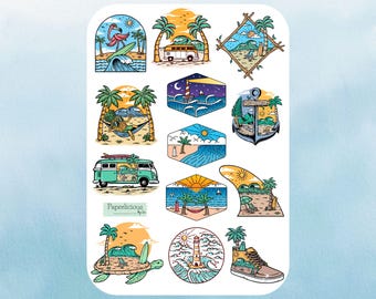 Retro Beach Sticker Sheet, vacation, beach, holiday, tropical, summer stickers, getaway, ocean, sea, planner sticker, journal, scrapbooking