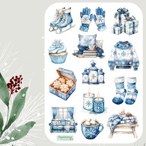 Folha de adesivos de inverno gelado, congelado, feriado, inverno aconchegante, hygge, neve, Natal, trenó, chocolate quente, planejador, diário de marcadores, scrapbooking