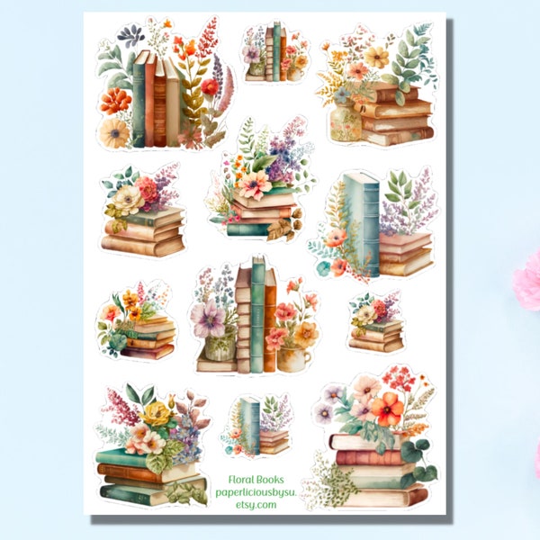 Folha de adesivos de livros florais, adesivos de livros, adesivos de flores, presente de leitor ávido, amante de livros, adesivos estéticos, planejador, diário, bujo, álbum de recortes