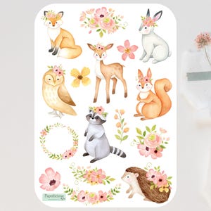 Floral Forest Animal Sticker Sheet, forest stickers, woodland animals, nature, deer, fox, planner, journal, calendar, bujo, scrapbooking