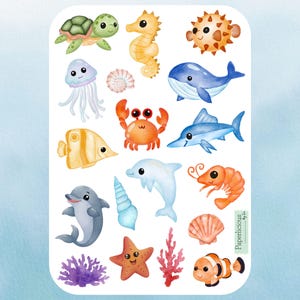 Süßer Stickerbogen mit Meerestieren, Meeresbewohner, Schildkröte, Wal, Delfin, Fisch, Hai, Seepferdchen, Muschel, Planer, Journal, Scrapbooking