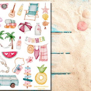 Watercolor summer sticker sheet, cute summer sticker, beach, vacay, ocean, tropical, vacation, planner, bullet journal, bujo, scrapbook