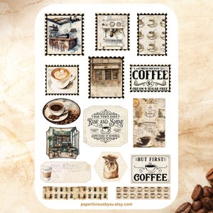Feuille d'autocollants vintage pour café, autocollants pour café, amateur de café, latte, café, fin gourmet, barman, autocollants pour agenda, autocollants pour carnet, carnet de bord