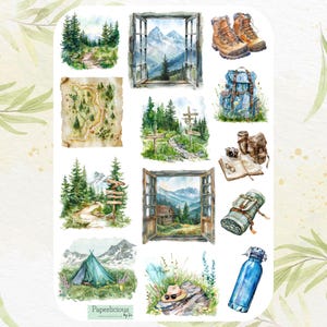 Feuille d'autocollants de randonnée, autocollants de randonnée, camping, plein air, nature, glamping, forêt, montagne, région sauvage, vacances, agenda, journal