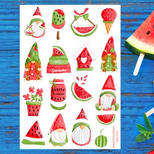 Watermelon Gnome Sticker Sheet, watermelon stickers, summer, gnome, fruit, planner, journal, scrapbooking, cute stickers