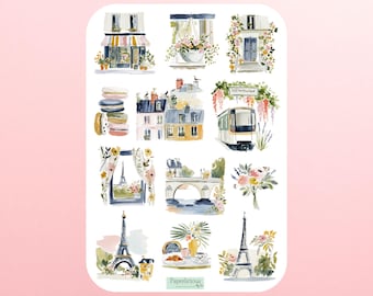 Hoja de pegatinas de París en acuarela, pegatinas estéticas de viaje a Francia, Torre Eiffel, vacaciones, Europa, agendas, diarios de viaje, scrapbooking