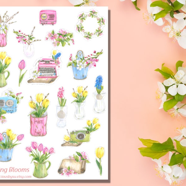 Floral Spring Sticker Sheet, spring stickers, floral stickers, blooms, garden, flowers, tulips, planner stickers, bullet journal, scrapbook