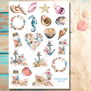 Feuille d'autocollants aquarelle coquillage, autocollant d'été, plage, coquillage, océan, vacances, agenda, bullet journal, bujo, scrapbooking