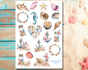 Akvarell snäckskalsklistermärkesark, sommarklistermärke, strand, snäckskal, hav, semester, planerare, bullet journal, bujo, scrapbooking