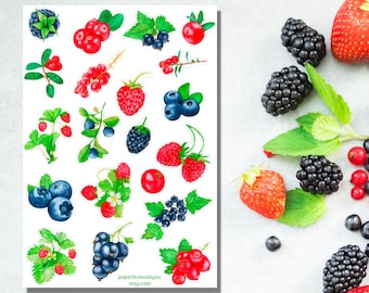 May include: Watercolor stickers featuring various berries, including strawberries, blueberries, blackberries, and red currants. The stickers have a white border and are arranged on a white background. The image also includes fresh berries and mint leaves.