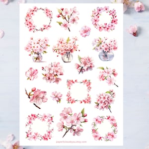 Hoja de pegatinas de flores de cerezo, pegatinas de primavera, pegatinas florales, flores, jardín, sakura, pegatinas de planificador, bullet journal, álbum de recortes