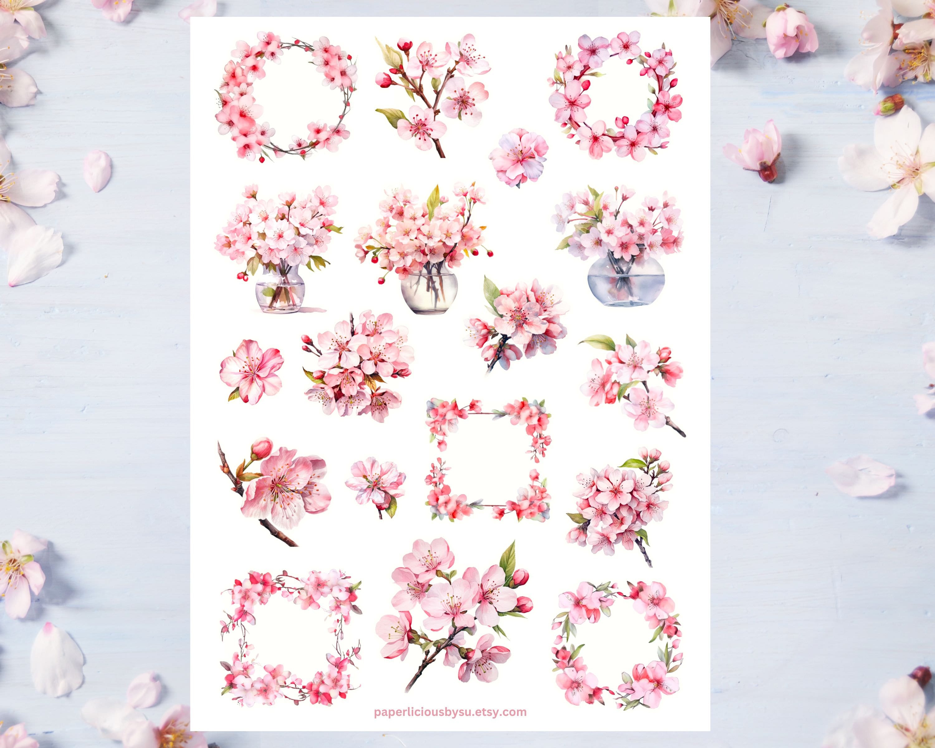 Cherry Blossom Sticker Sheet, Spring Stickers, Floral Stickers, Blooms ...