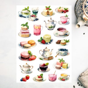 Tea Party Stickerbogen, Tee Aufkleber, englischer Tee, Nachmittagstee, Foodie, Getränke, Planer Aufkleber, Journal Aufkleber, bujo, Scrapbooking
