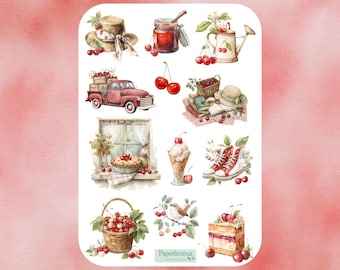 Cherry Season Sticker Sheet, Summer Fruit Stickers, Cherry Picking, Aesthetic, Harvest Stickers for Planners, Journals, and Scrapbooks