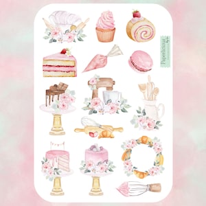 Folha de adesivos de aquarela para assar, adesivos para assar, culinária, culinária, padeiro, chef, livro de receitas, confeitaria, cozinha, planejador, diário, álbum de recortes
