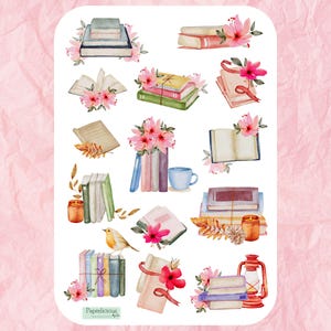Book Reading Sticker Sheet, book stickers, flower stickers, bookworm, bookish, book lover, aesthetic, planner, reading journal, scrapbooking