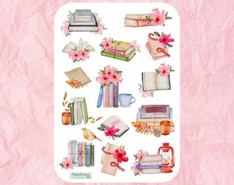 Book Reading Sticker Sheet, book stickers, flower stickers, bookworm, bookish, book lover, aesthetic, planner, reading journal, scrapbooking