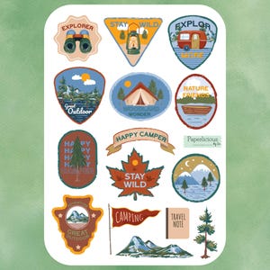 Hoja de pegatinas para camping, pegatinas para camping, senderismo, actividades al aire libre, naturaleza, glamping, campista feliz, bosque, planificador, diario de viaje, scrapbooking