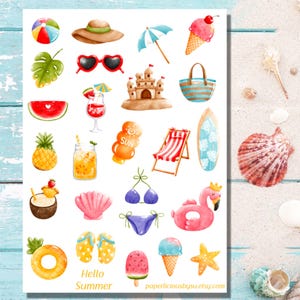 Feuille d'autocollants Hello Summer, autocollant d'été mignon, plage, chapeau de soleil, tropical, crème glacée, vacances, agenda, bullet journal, bujo, scrapbooking