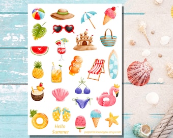 Hello Summer Sticker Sheet, cute summer sticker, beach, sun hat, tropical, ice cream, vacation, planner, bullet journal, bujo, scrapbook
