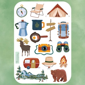 Camping Sticker Sheet, Camping Sticker, wandern, outdoor, Natur, Glamping, Happy Camper, Wald, Planer, Scrapbooking, Reisetagebuch
