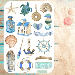 Ocean Decor Aufkleber, nautische Aufkleber, Meer, Ozean, Küste, Strand, Sommer, Wanddekoration, Boot, Meeresschildkröte, Planer, Journal, Scrapbook