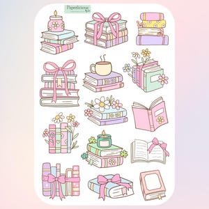 Pastel Book Stack Sticker Sheet, Blumen, Leseratte, Bücherwurm, Buchliebhaber, Kosmetik, Planer, Lesejournal, Scrapbooking
