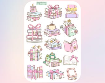 Pastel Book Stack Sticker Sheet, flower, bookworm, bookish, book lover, coquette bow, aesthetic, planner, reading journal, scrapbooking