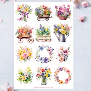 Folha de adesivos de buquê floral, adesivos florais, flores, botânicos, plantas, primavera, jardinagem, planejador, diário, scrapbooking, selo de envelope