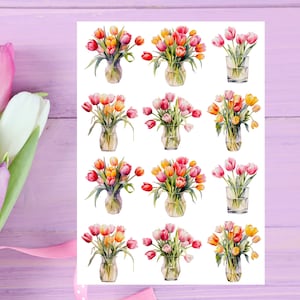 Feuille d'autocollants tulipe, autocollant tulipe, autocollants floraux, bouquet de tulipes, autocollants de printemps, jardin, agenda, Bullet Journal, scrapbooking