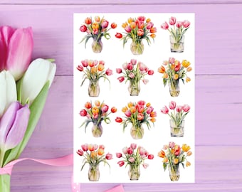 Tulip Sticker Sheet, tulip sticker, floral stickers, tulip bouquet, spring stickers, garden, Planner, Bullet Journal, scrapbooking