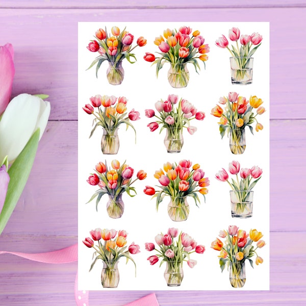 Tulip Sticker Sheet, tulip sticker, floral stickers, tulip bouquet, spring stickers, garden, Planner, Bullet Journal, scrapbooking