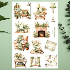 Stickervel gezellige kamer, leeshoekje, bloemenhuis, plantendecor, tuinieren, bloem, kamerplant, plannerstickers, dagboek, scrapbooking