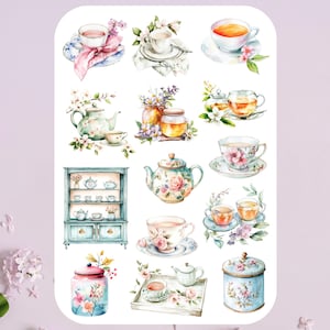 Hoja de pegatinas de la hora del té con motivos florales, pegatinas de té, té inglés, té de la tarde, fiesta del té, pegatinas de planificador, pegatinas de diario, estética, álbum de recortes
