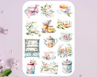 Floral Tea Time sticker sheet, tea stickers, English tea, afternoon tea, tea party, planner stickers, journal stickers, aesthetic, scrapbook