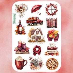 May include: Watercolor illustrations of fall-themed items. Includes a red truck with pumpkins, a house, a scarf, a camera, a pie, a cup of coffee, candles, and a bottle of wine. The text "Paperlicious" is visible.