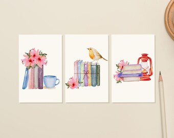 Postal, impresión artística de 4 x 6: libros de acuarela con flores, juego de 3, ratón de biblioteca, aficionado a los libros, amante de los libros, estético, amigo por correspondencia, papelería