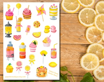 Watercolor Lemon Treats & Drinks Sticker Sheet, lemon stickers, lemonade stickers, aesthetic stickers, Planner, Bullet Journal, scrapbook
