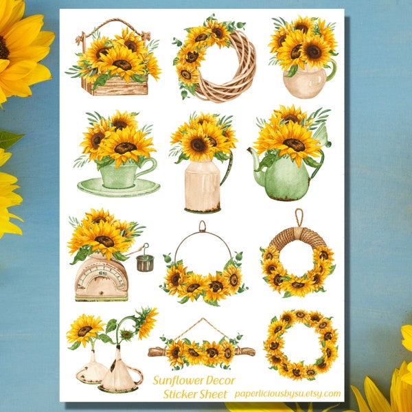 Sunflower decor Sticker Sheet, sunflower sticker, floral stickers, sunflower wreath, Planner, Bullet Journal, scrapbook, envelope seal