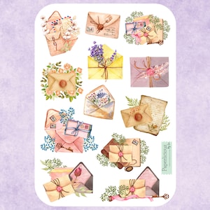 Hoja de pegatinas de correo floral, pegatinas para escribir cartas, sobres con flores, correo antiguo, sellos de cera, correo postal, planificador, diario, álbum de recortes