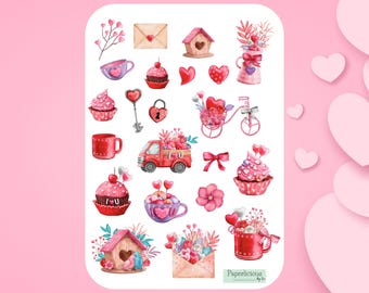 Valentine's Day Sticker Sheet, cute valentine stickers, heart stickers, love stickers, pink, planner stickers, journal kit, scrapbooking