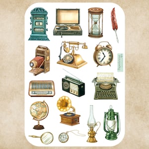 May include: A sticker sheet featuring vintage-style illustrations of antique objects. Includes a teal calendar, a record player, an hourglass, a red feather, a camera, a rotary phone, a clock, a radio, a typewriter, a globe, a gramophone, a magnifying glass, a pocket watch, a lamp, and a green lantern.